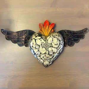 Winged Milagros Heart with Flames